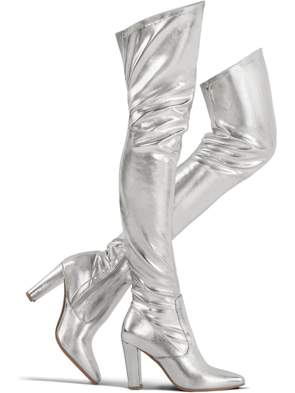 Women's Silver Stretch Suede Chunky Heel Over The Knee Thigh High Boots
